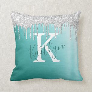 Teal Silver Glitter Brushed Metal Monogram Script Cushion