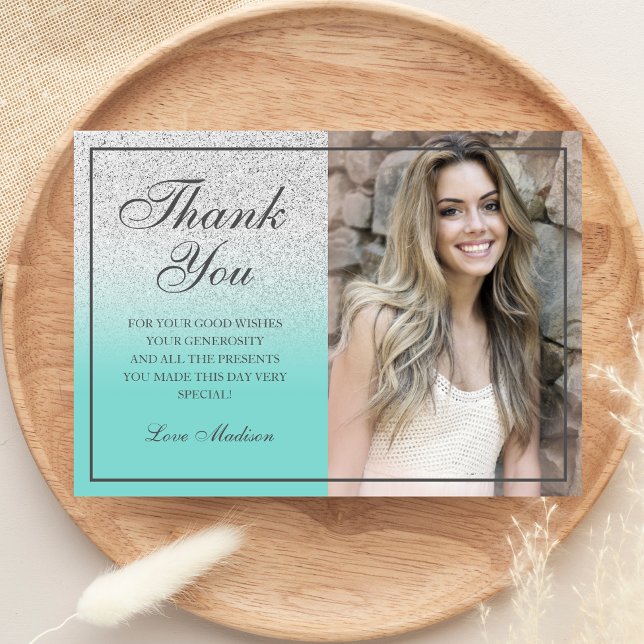 Teal Silver glitter chic photo thank you Sweet 16 (Creator Uploaded)