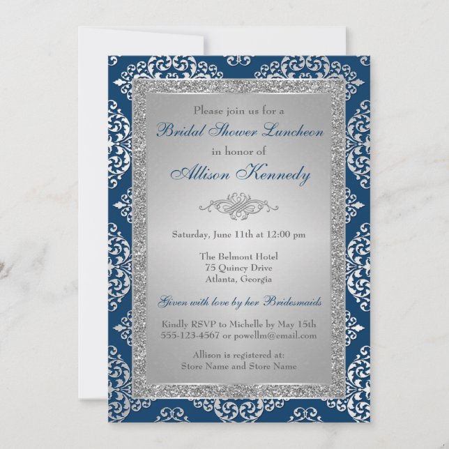 Teal, Silver Glitter Damask Bridal Shower Invite (Front)