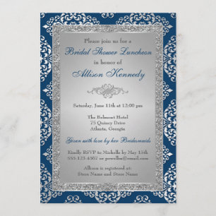 Teal, Silver Glitter Damask Bridal Shower Invite