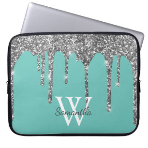 Teal Silver Glitter Drips Sparkle Monogram Name Laptop Sleeve