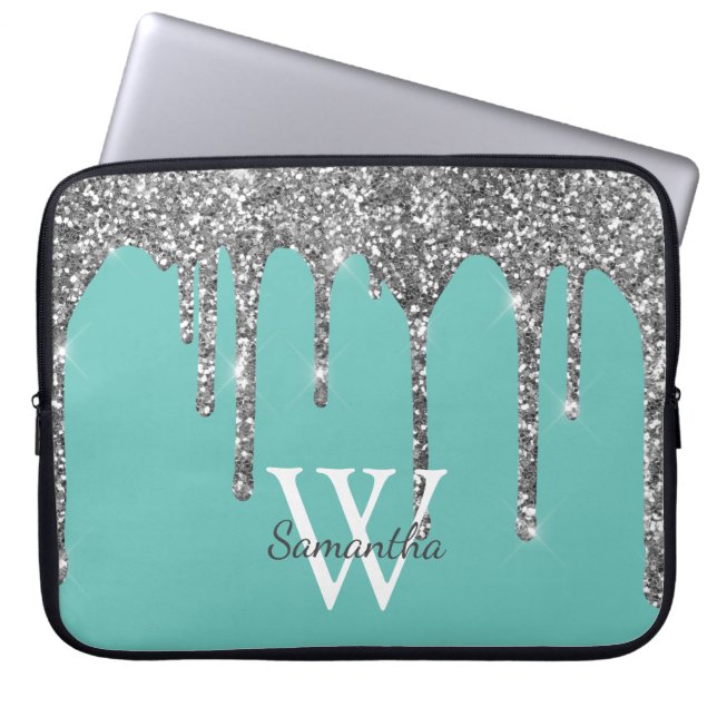 Teal Silver Glitter Drips Sparkle Monogram Name Laptop Sleeve (Front)