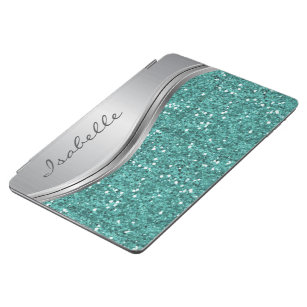 Teal Silver Glitter look Bling Personalised Metal  iPad Air Cover