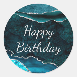 Teal & Silver Glitter Marble Agate Birthday Classic Round Sticker