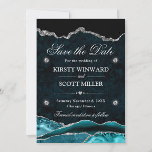 Teal  Silver Glitter Marble Agate Save the Date