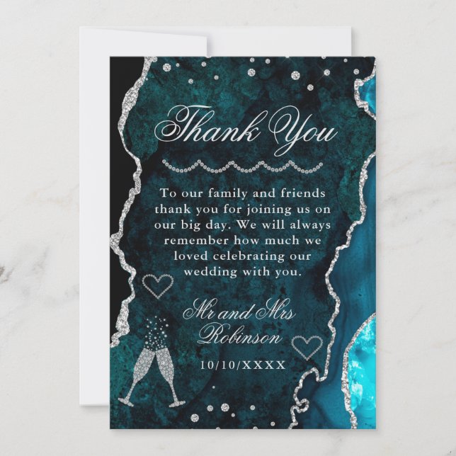 Teal & Silver Glitter Marble Agate Wedding Thank You Card (Front)