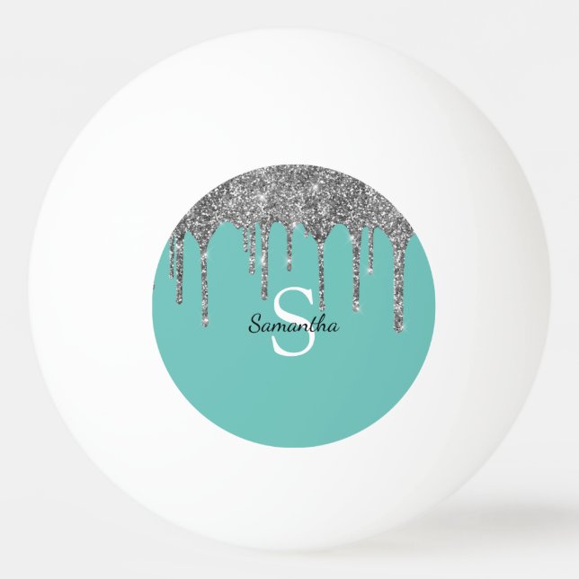 Teal Silver Glitter Sparkle Drips Monogram Name Ping Pong Ball (Front)