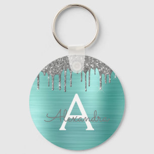 Teal Silver Glitter Stainless Steel Monogram Key Ring