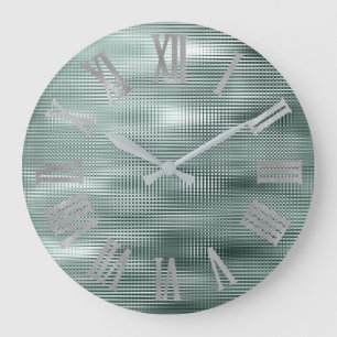 Teal Silver Grey Minimal Metallic Roman Numers Large Clock