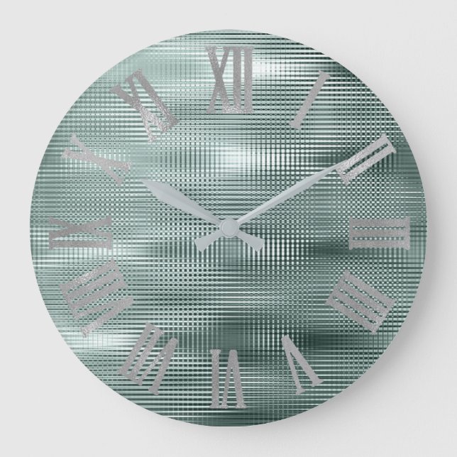 Teal Silver Grey Minimal Metallic Roman Numers Large Clock (Front)