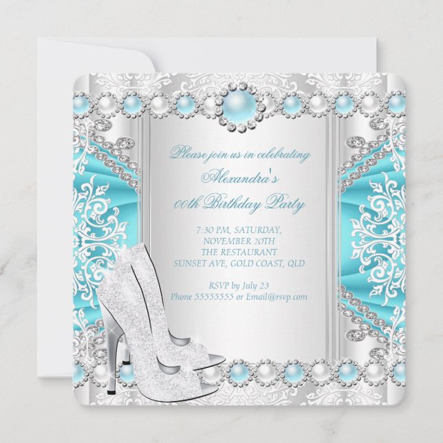 Teal Silver High Heels White Pearl Birthday Party Invitation (Front)