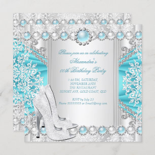Teal Silver High Heels White Pearl Birthday Party Invitation