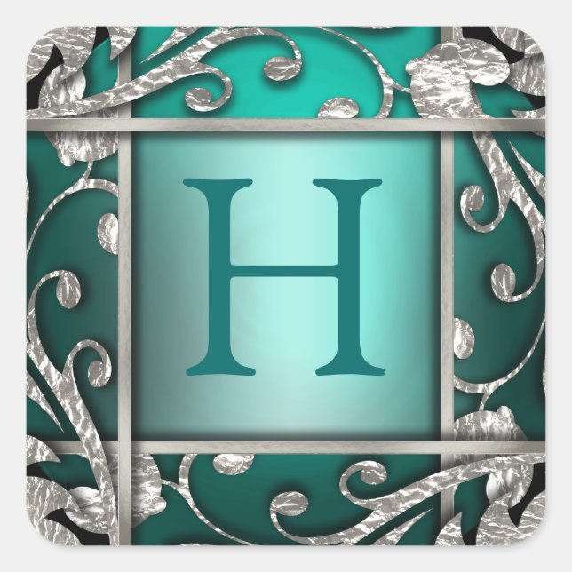 Teal Silver Lattice Monogram Envelope Seal (Front)