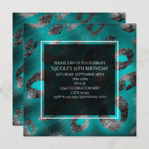 Teal & Silver Leopard Print Party Invitations