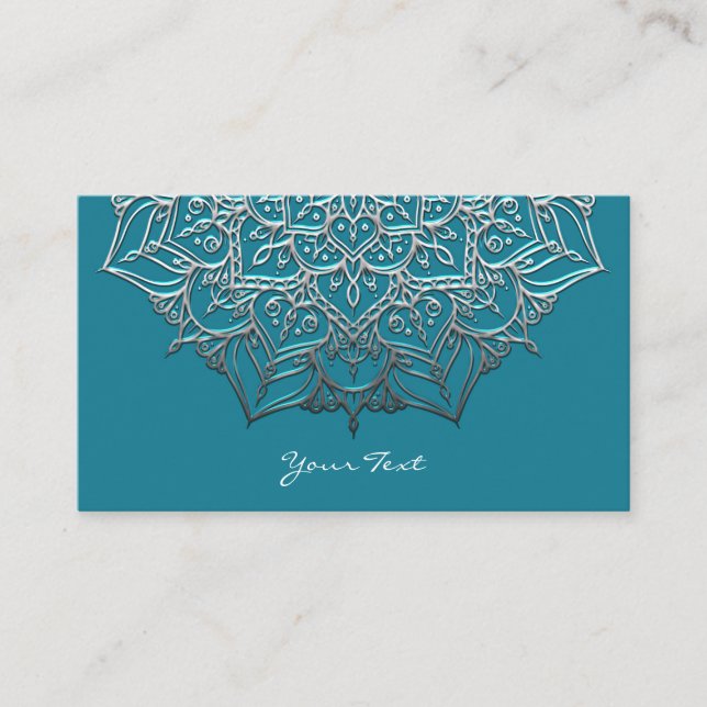 Teal & Silver Mandala Elegant Minimal Moroccan Business Card (Front)