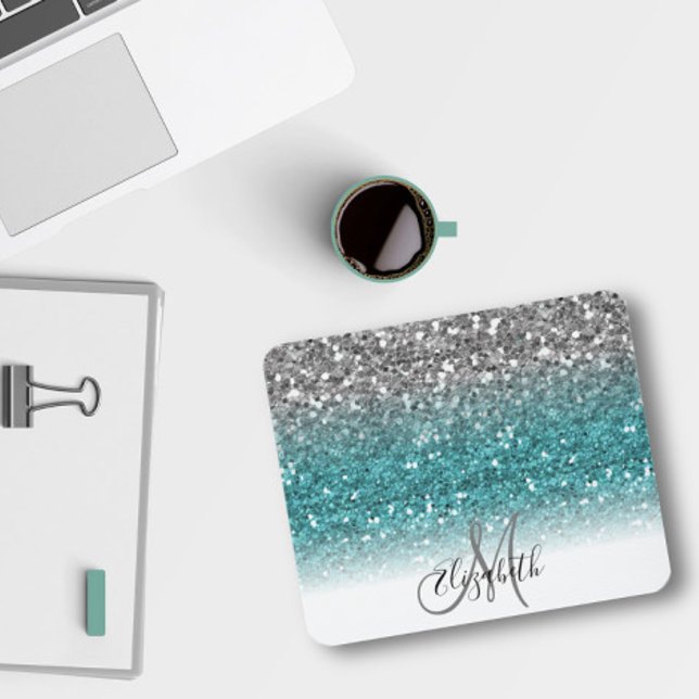 Teal Silver Ombre Glitter Bling Personalised Mouse Pad (Creator Uploaded)