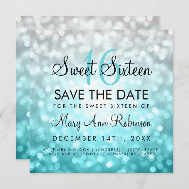 Teal Silver Ombre Sweet 16 Birthday Glitter Lights Invitation (Front/Back)