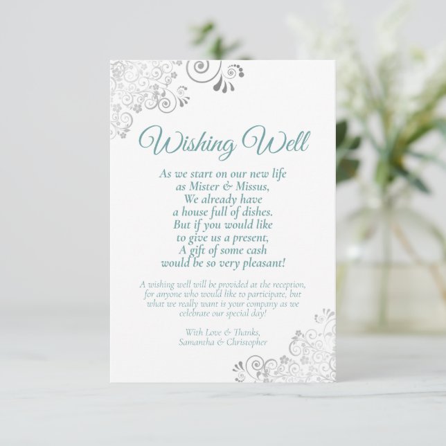 Teal & Silver on White Wedding Wishing Well Poem Enclosure Card (Standing Front)