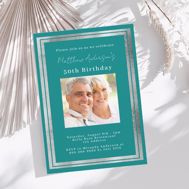 Teal silver photo birthday invitation (Creator Uploaded)