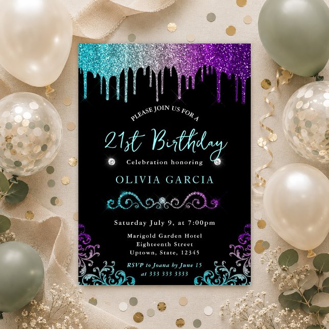 Teal Silver & Purple Glitter 21st Birthday Invitation (Creator Uploaded)