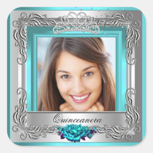 Teal Silver Roses Quinceanera 15th Birthday Square Sticker