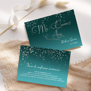 Teal Silver RSVP Mis Quince Anos Spanish Details Invitation