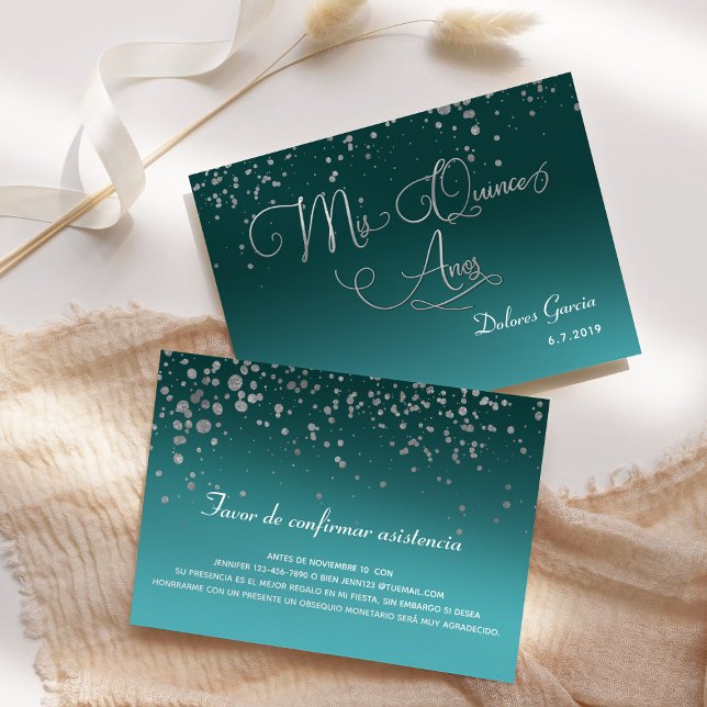 Teal Silver RSVP Mis Quince Anos Spanish Details Invitation (Creator Uploaded)