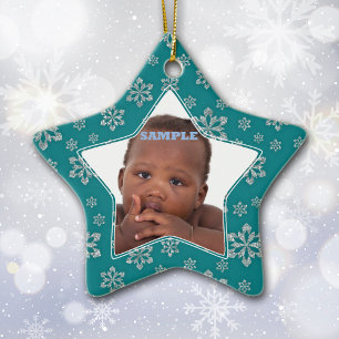 Teal Silver Snowflakes Photo Template Christmas Ceramic Tree Decoration