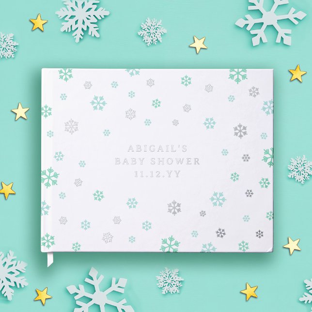 Teal Silver Snowflakes Winter Neutral Baby Shower Guest Book (Creator Uploaded)