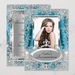 Teal Silver Sparkle Jewel Snowflake Quinceanera Invitation