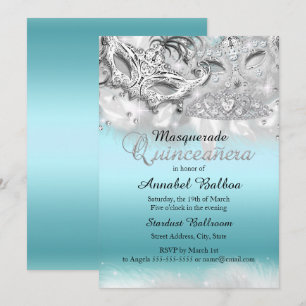 Teal Silver Sparkle Masquerade Quinceanera Invite