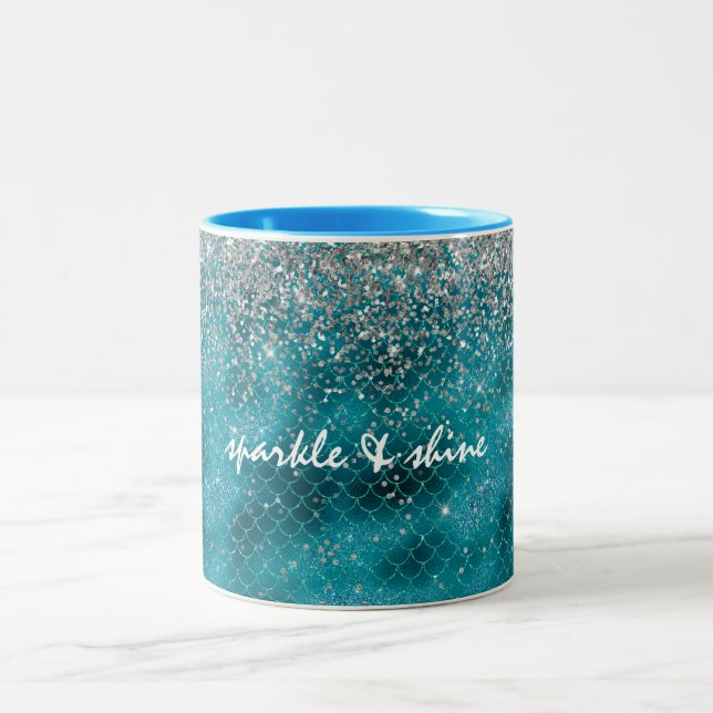 Teal Silver Sparkle Mermaid Two-Tone Coffee Mug (Center)
