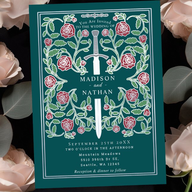 Teal Silver Sword Floral Medieval Fantasy Wedding Invitation (Creator Uploaded)
