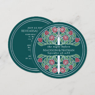 Teal Silver Sword Royal Wedding Rehearsal  Invitation
