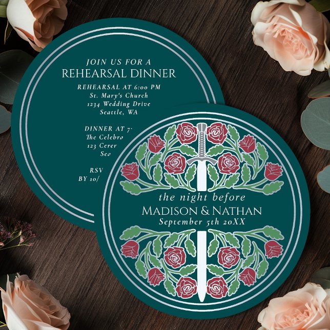 Teal Silver Sword Royal Wedding Rehearsal  Invitation (Creator Uploaded)