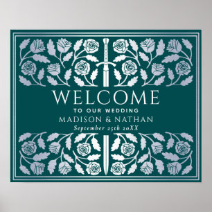 Teal Silver Sword Royal Wedding Welcome Sign