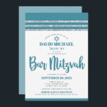 Teal Silver Tallit Bar Mitzvah Bold Simple Modern Invitation<br><div class="desc">Be proud, rejoice and showcase this milestone of your favourite Bar Mitzvah! Send out this cool, unique, modern, personalised invitation for an event to remember. Bold, dusty teal blue script typography, Star of David and a dusty teal blue and silver glitter striped tallit inspired graphic overlay a simple, white background....</div>