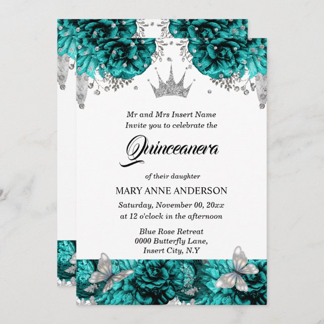 Teal silver tiara butterfly blue rose quinceanera invitation (Front/Back)