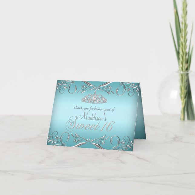 Teal & Silver Tiara Sweet 16 Thank You Card (Front)