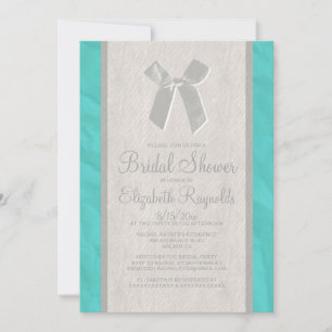 Teal Silver Vintage Bow Linen Bridal Shower Invite