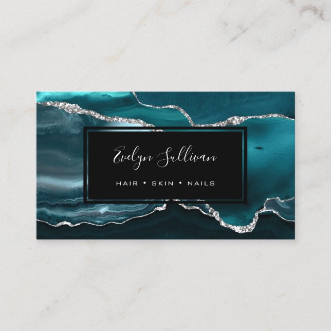 teal silver watercolor agate business card (Front)