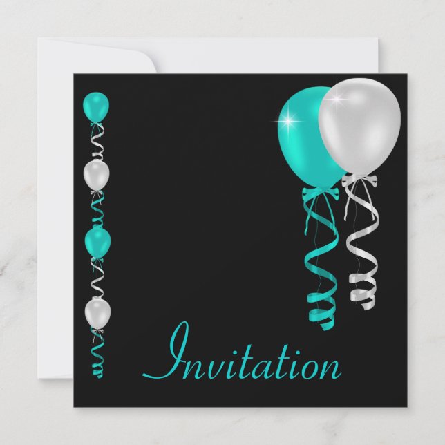 Teal Silver White Black Balloons Special Event Invitation (Front)