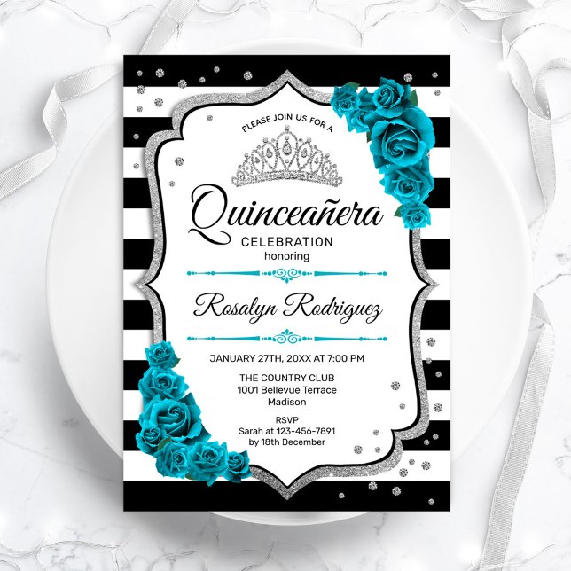 Teal Silver White Quinceanera Invitation (Creator Uploaded)