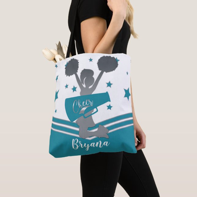 Teal Silver White Stars Cheer Cheer-leading Tote Bag (Close Up)
