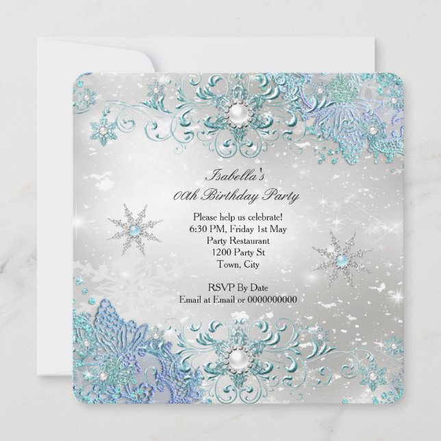 Teal Silver Winter Wonderland Snowflakes Party 2 Invitation (Front)