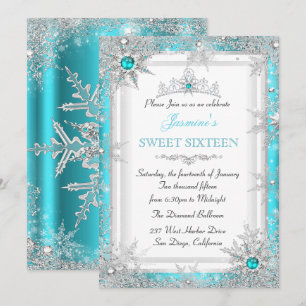 Teal Silver Winter Wonderland Sweet 16 Snowflake Invitation