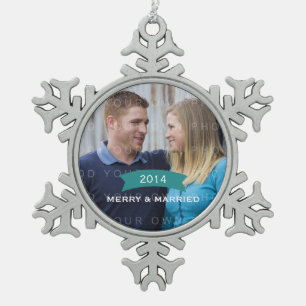 Teal Simple Banner Holiday Photo Ornament