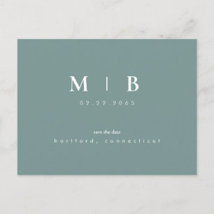 Teal Simple & Sleek Monogram Teal Save the Date   Announcement Postcard