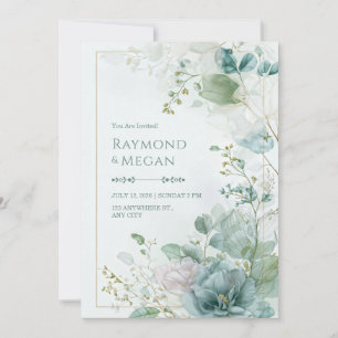 Teal Skeletal Leaf Botanical Gold Frame Wedding Invitation