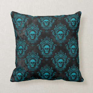 Teal Skull and Dark Grey Gothic Cushion